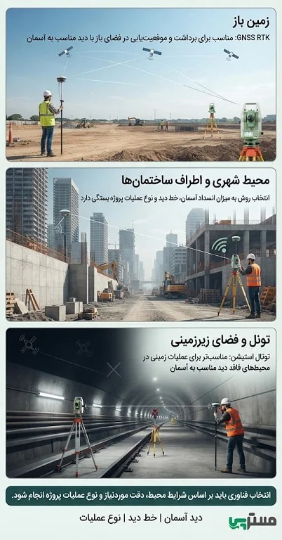 مقایسه GNSS و توتال استیشن در زمین باز، محیط شهری و تونل