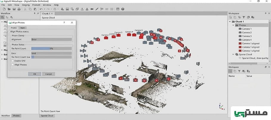 خطای Align Photos در متاشیپ با دوربین‌های تراز نشده و ابر نقاط تنک ناقص